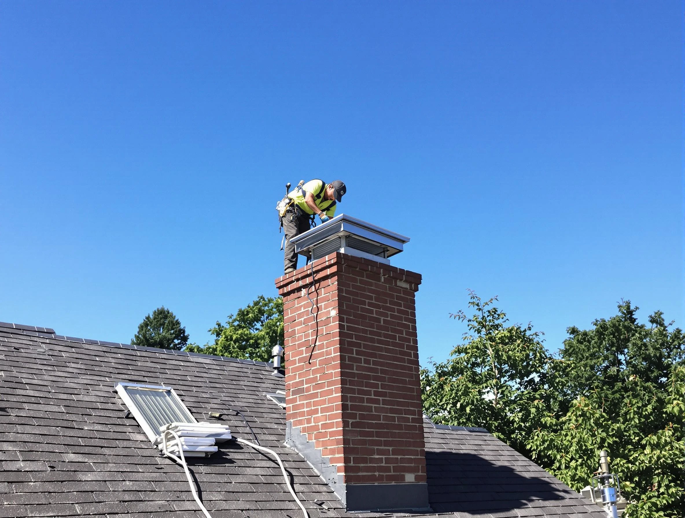 Alpharetta Chimney Sweep technician measuring a chimney cap in Alpharetta, GA